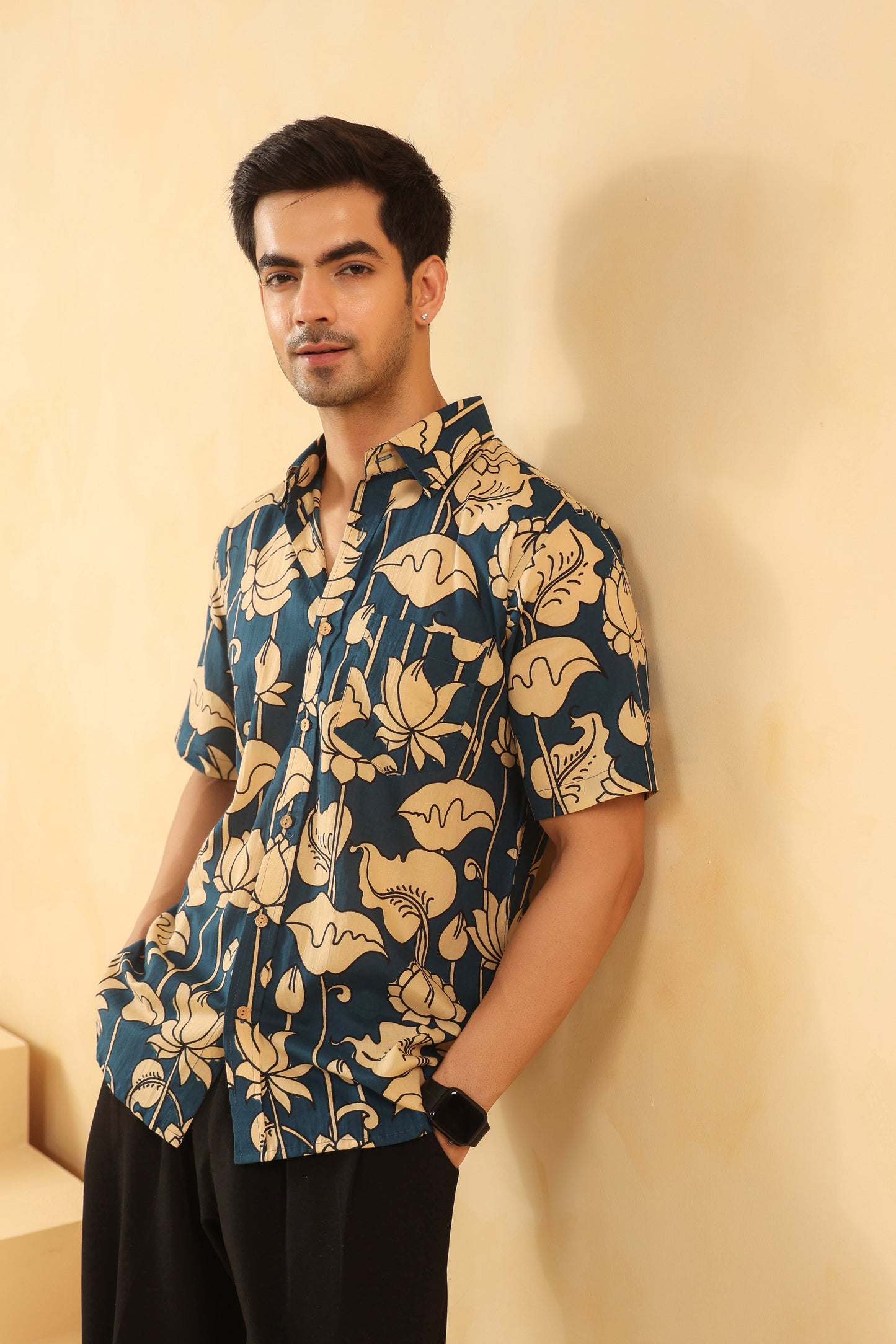 Blue Bud Cotton Half Sleeve Shirt