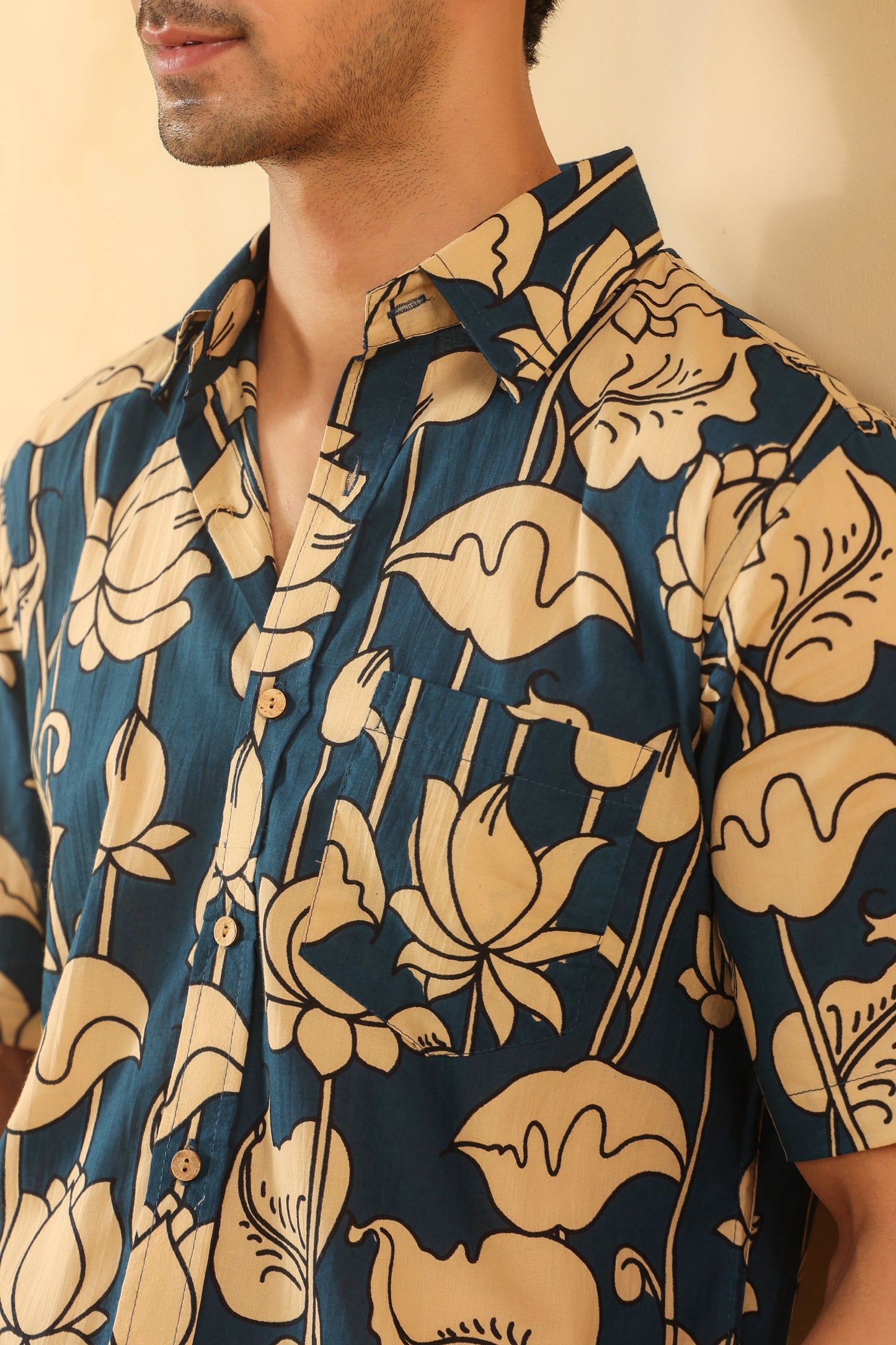 Blue Bud Cotton Half Sleeve Shirt