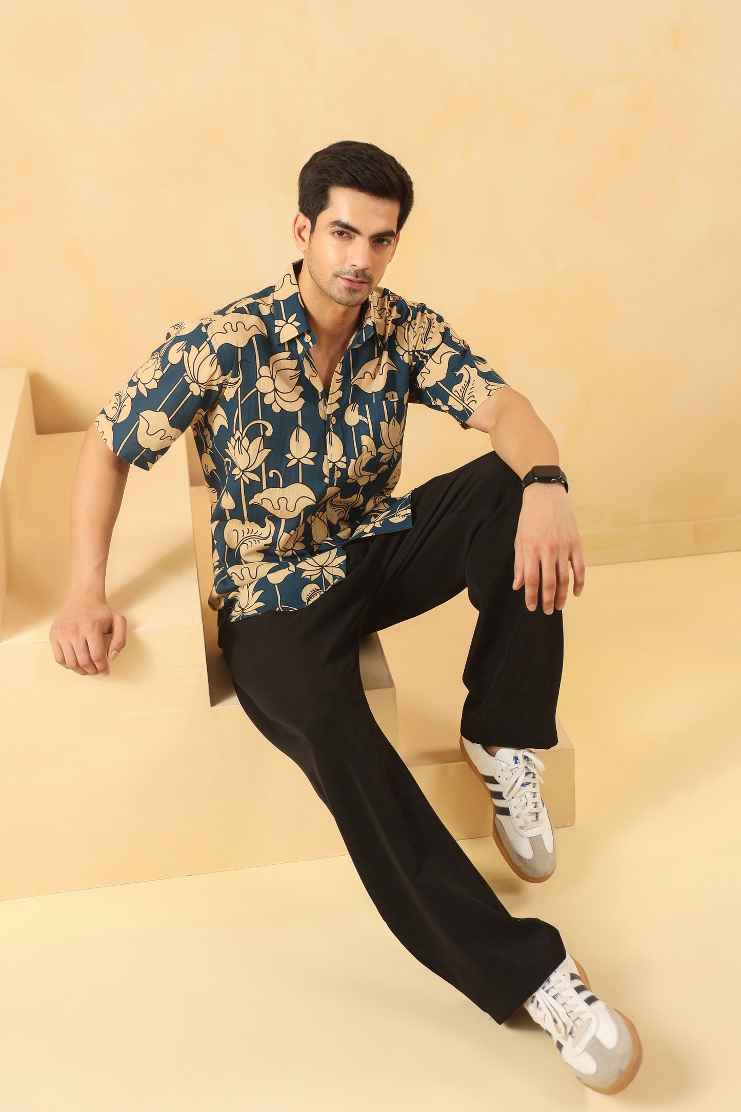 Blue Bud Cotton Half Sleeve Shirt