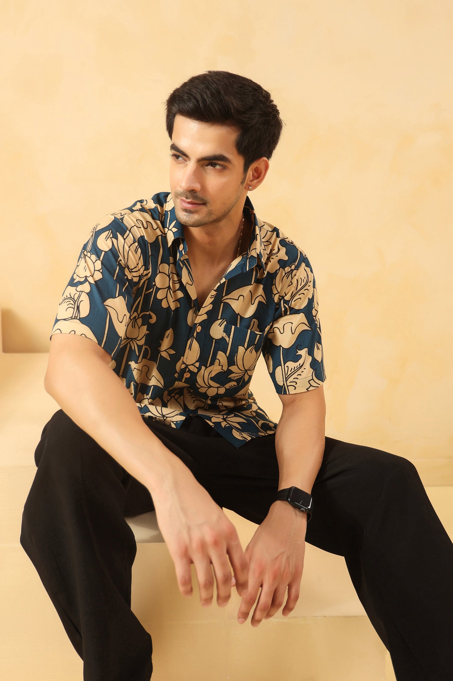 Blue Bud Cotton Half Sleeve Shirt