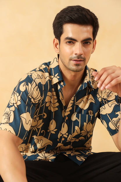 Blue Bud Cotton Half Sleeve Shirt