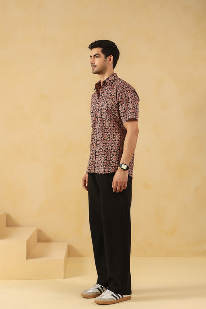 Black Ajrakh Cotton Half Sleeve Shirt