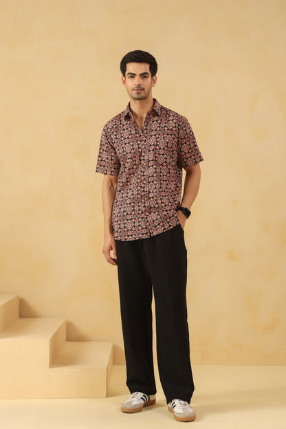 Black Ajrakh Cotton Half Sleeve Shirt
