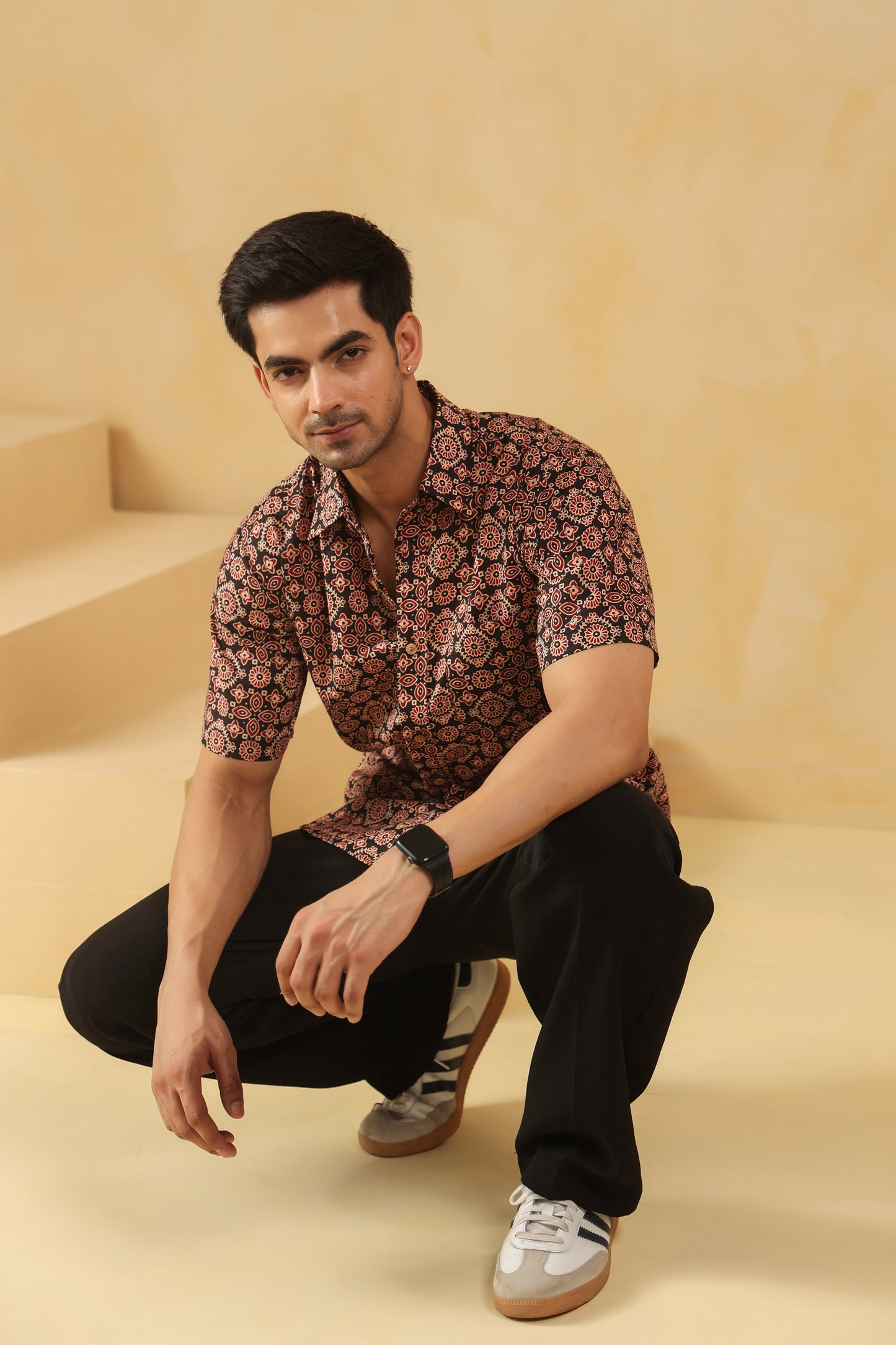 Black Ajrakh Cotton Half Sleeve Shirt