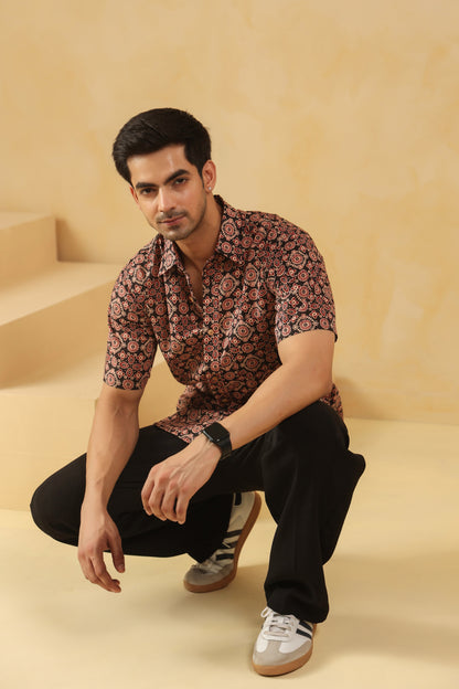 Black Ajrakh Cotton Half Sleeve Shirt