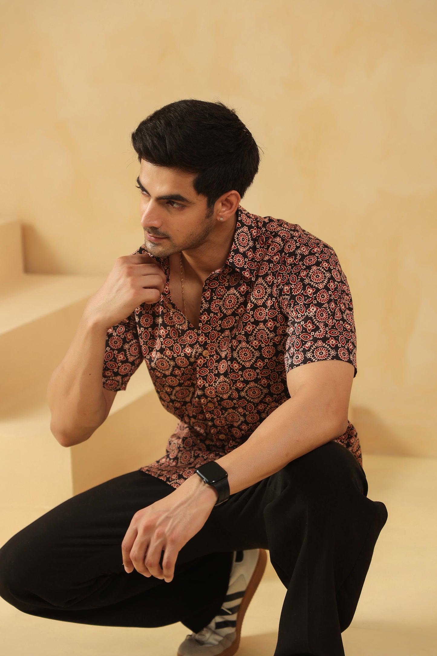 Black Ajrakh Cotton Half Sleeve Shirt