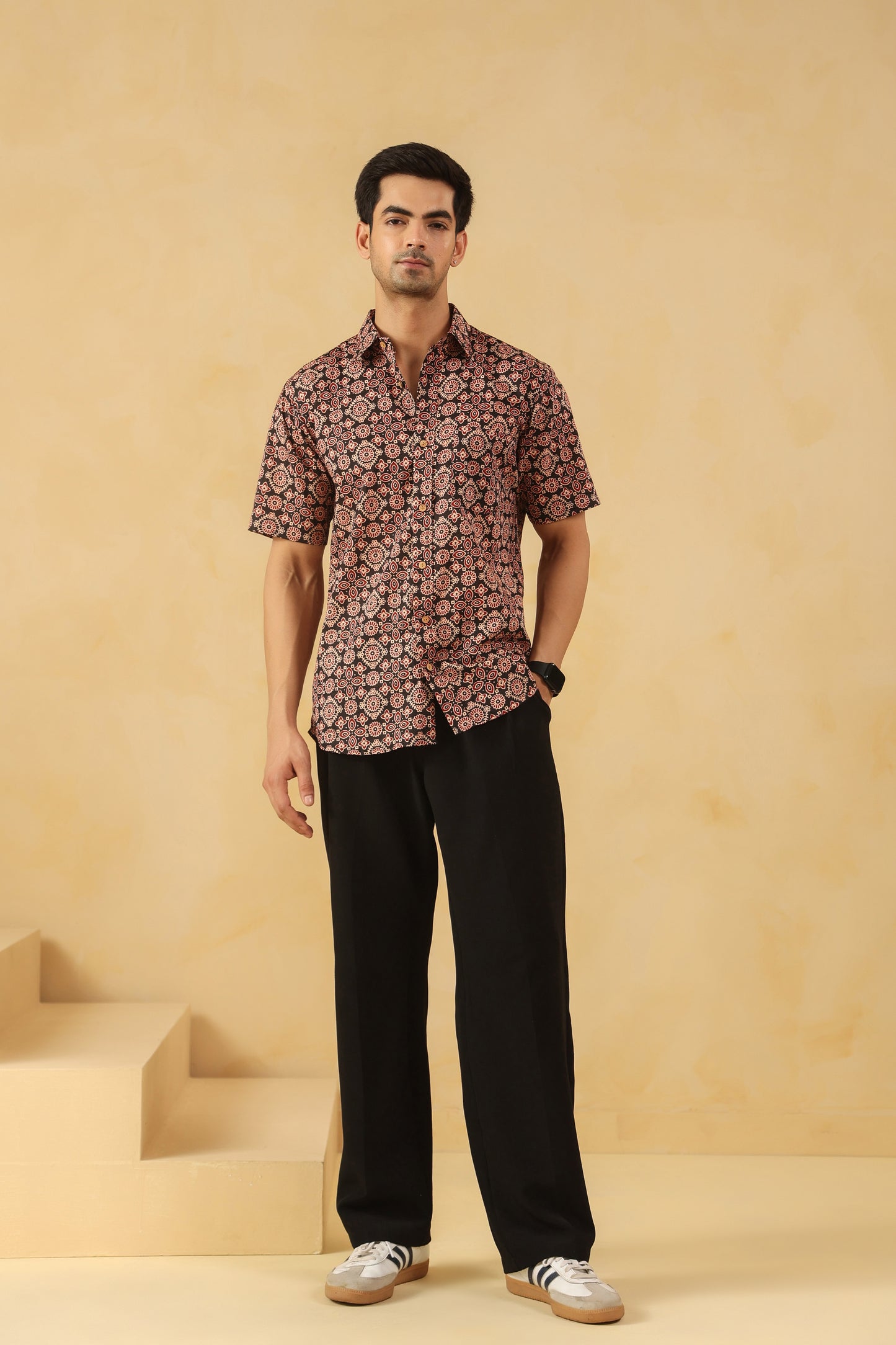 Black Ajrakh Cotton Half Sleeve Shirt