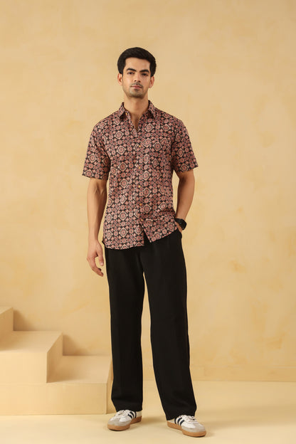 Black Ajrakh Cotton Half Sleeve Shirt