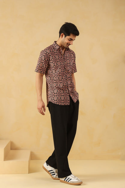 Black Ajrakh Cotton Half Sleeve Shirt