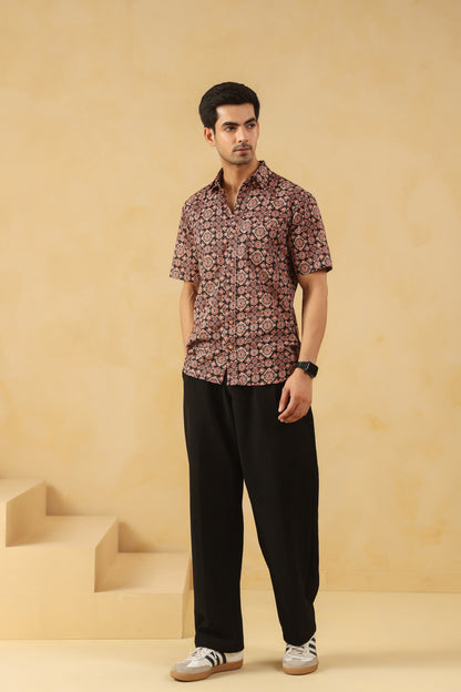 Black Ajrakh Cotton Half Sleeve Shirt
