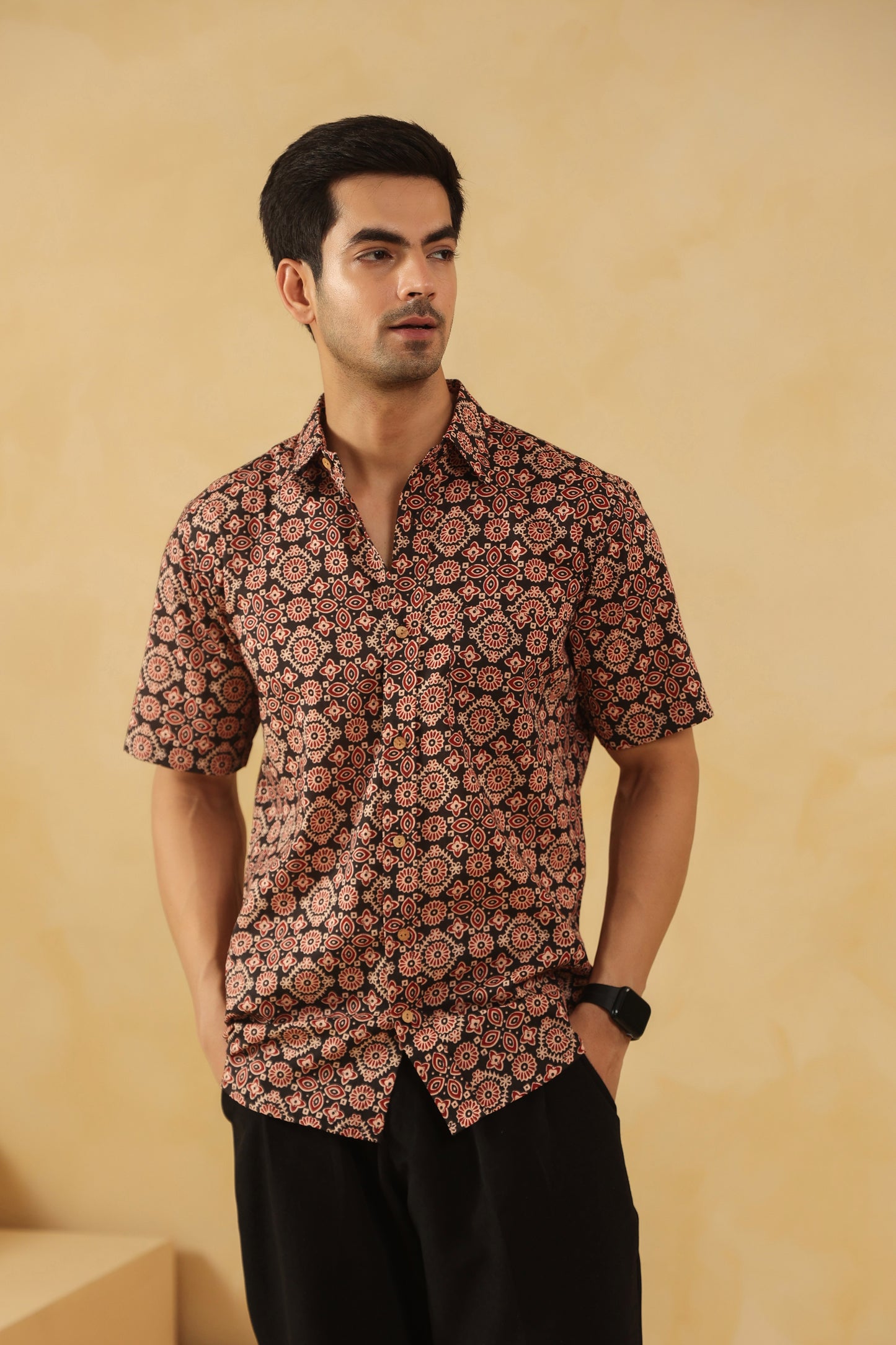 Black Ajrakh Cotton Half Sleeve Shirt