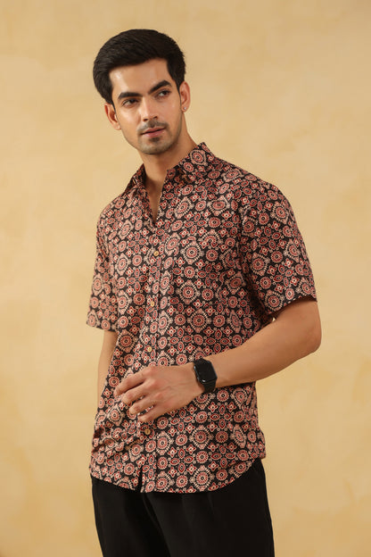 Black Ajrakh Cotton Half Sleeve Shirt