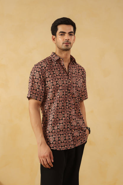 Black Ajrakh Cotton Half Sleeve Shirt