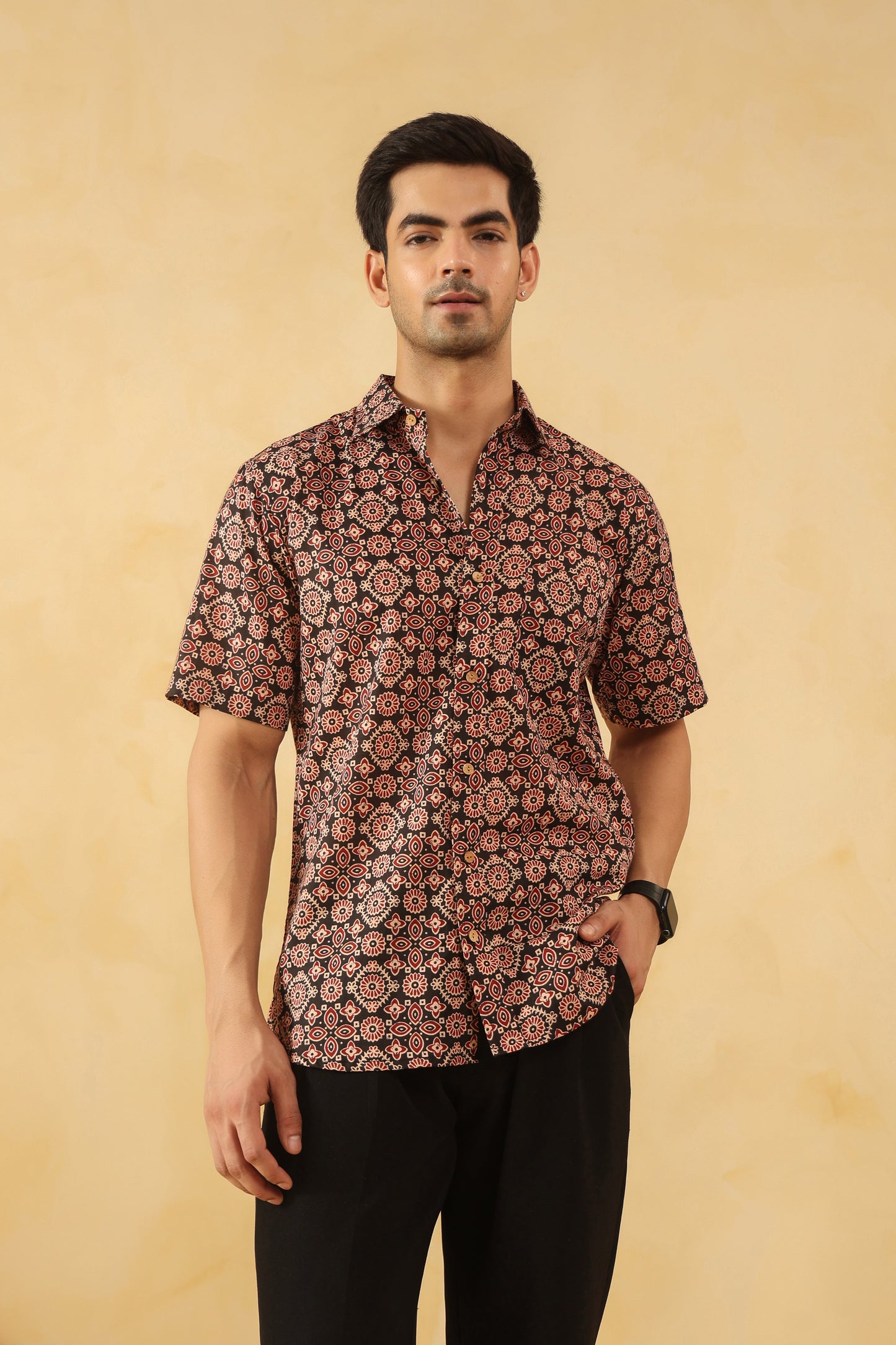 Black Ajrakh Cotton Half Sleeve Shirt