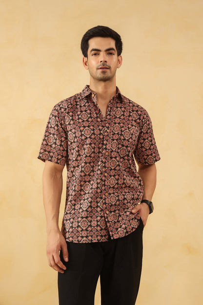 Black Ajrakh Cotton Half Sleeve Shirt