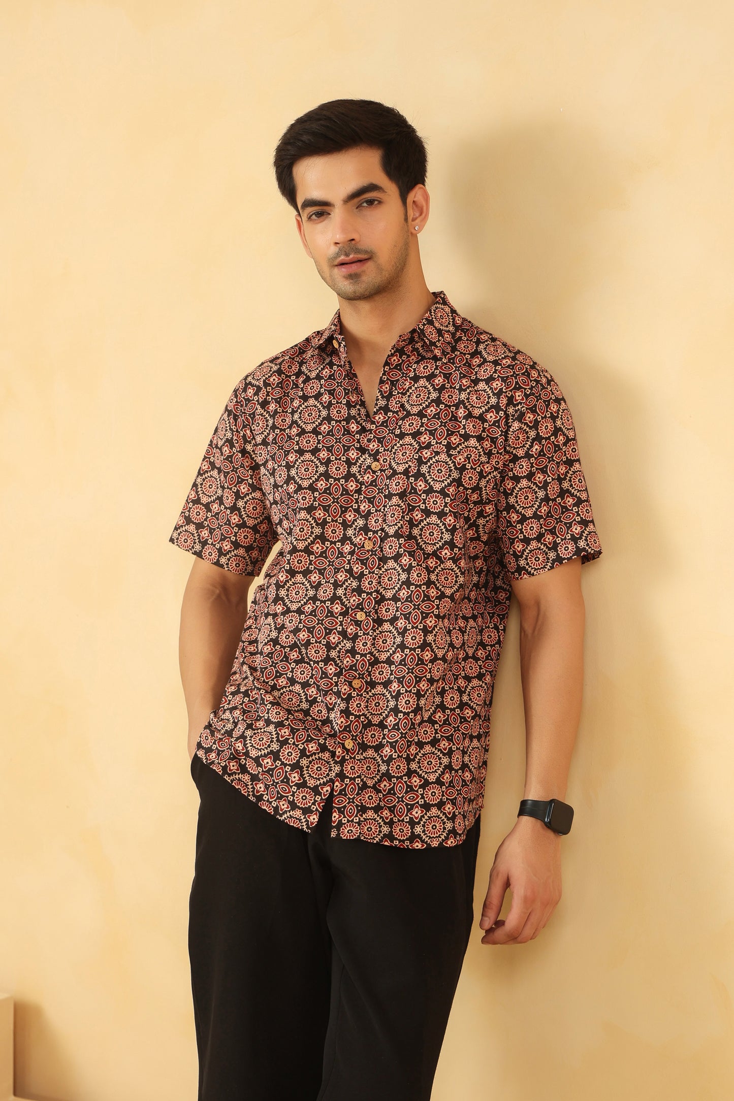 Black Ajrakh Cotton Half Sleeve Shirt