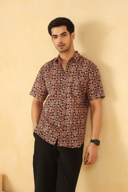 Black Ajrakh Cotton Half Sleeve Shirt