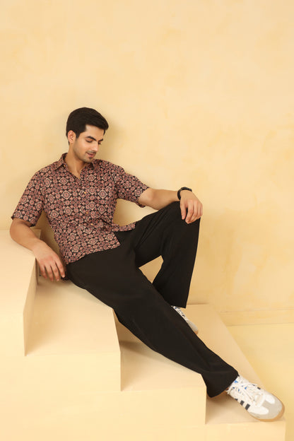 Black Ajrakh Cotton Half Sleeve Shirt