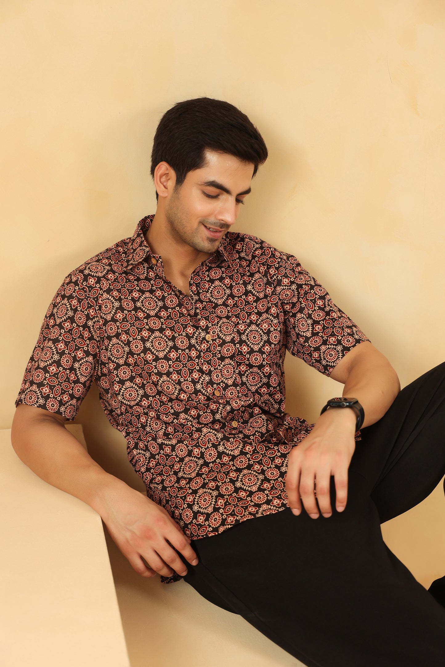 Black Ajrakh Cotton Half Sleeve Shirt
