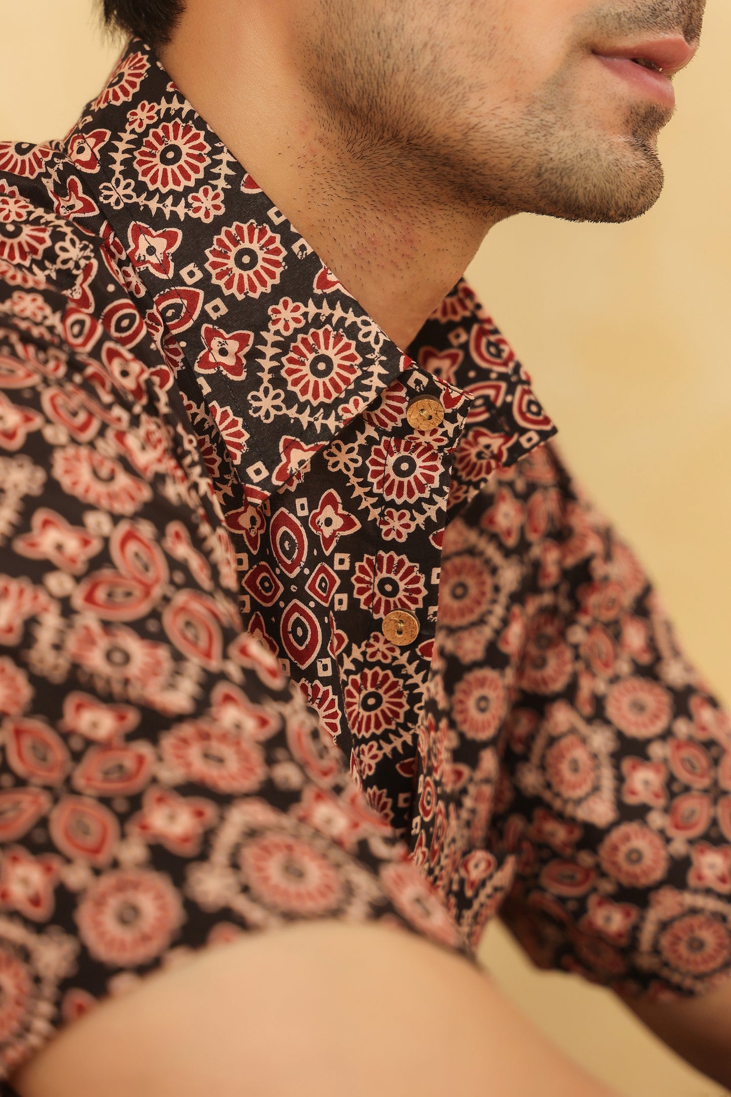 Black Ajrakh Cotton Half Sleeve Shirt