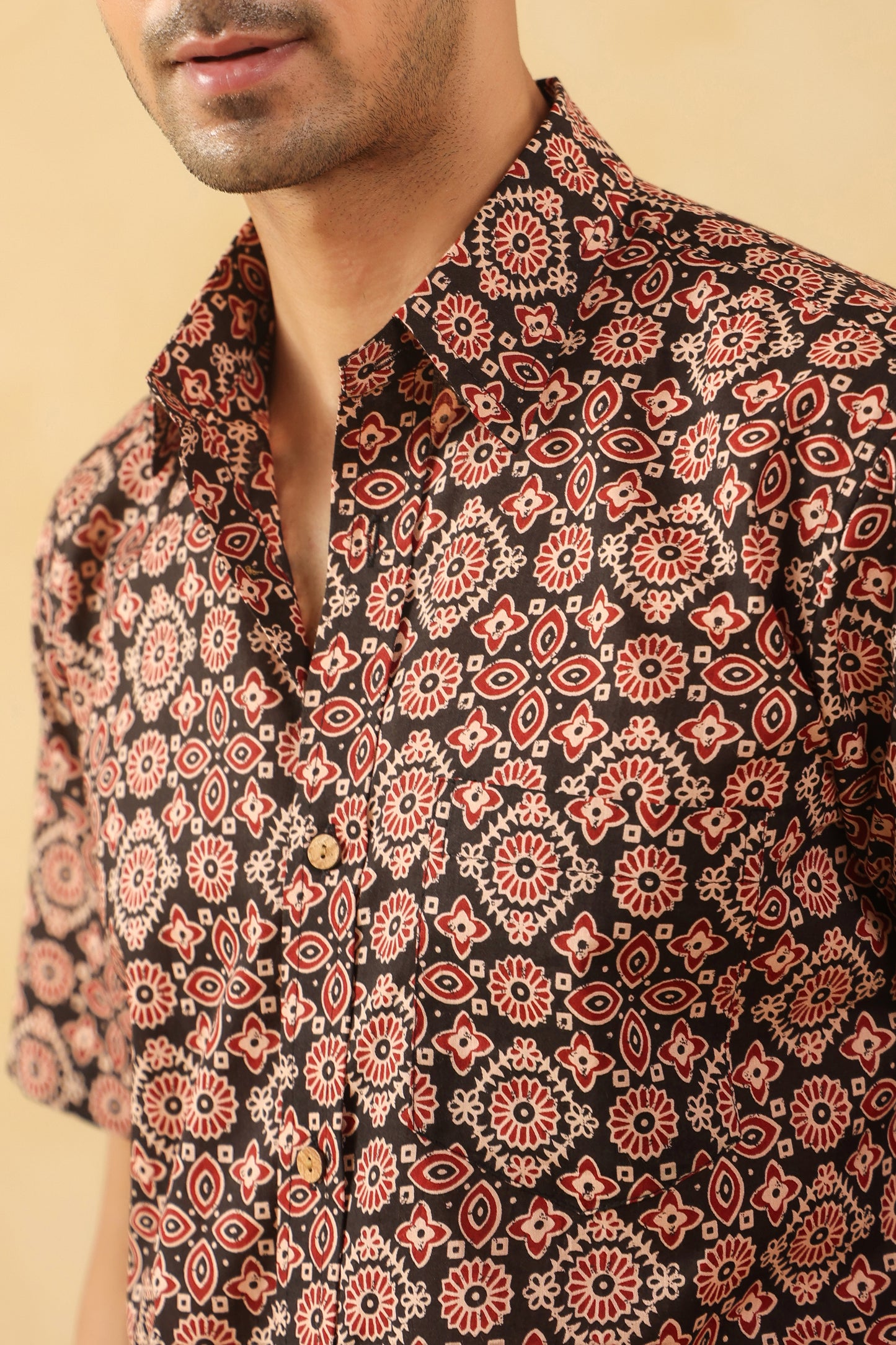 Black Ajrakh Cotton Half Sleeve Shirt