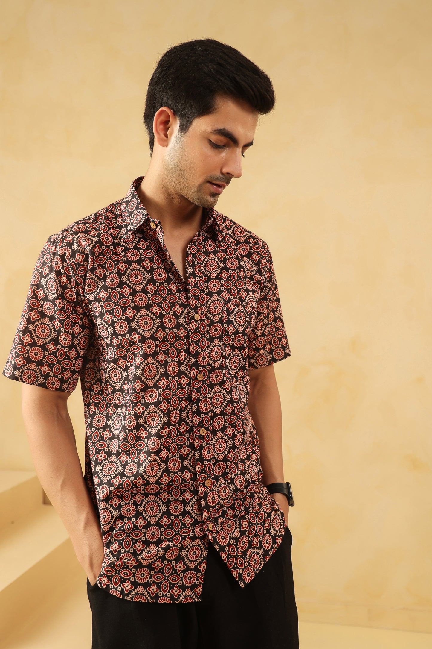 Black Ajrakh Cotton Half Sleeve Shirt