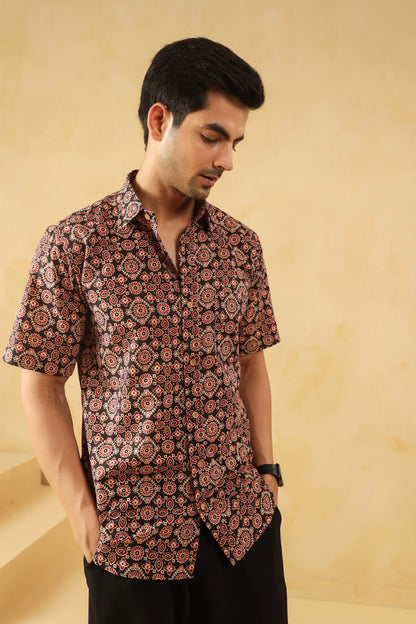 Black Ajrakh Cotton Half Sleeve Shirt