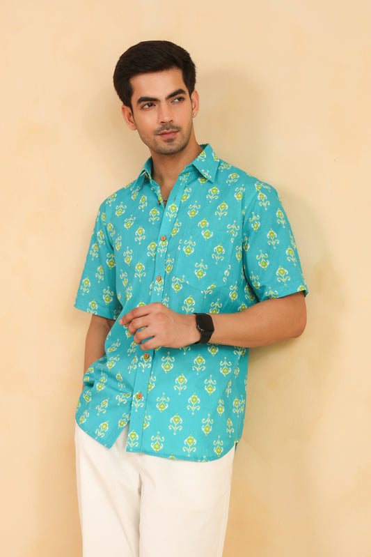 Turquoise Cotton Half Sleeve Shirt