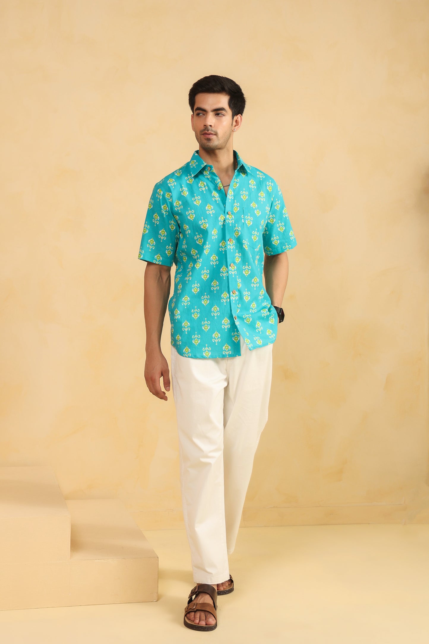 Turquoise Cotton Half Sleeve Shirt