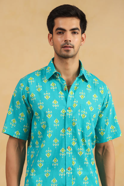 Turquoise Cotton Half Sleeve Shirt