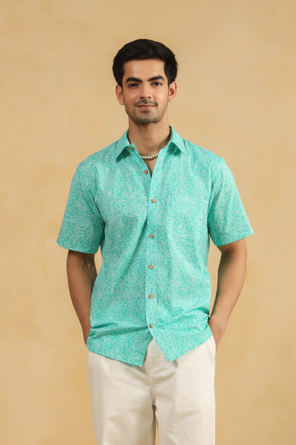 Blue Bandhej Cotton Half Sleeve Shirt