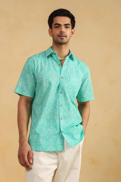 Blue Bandhej Cotton Half Sleeve Shirt