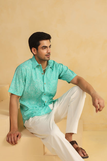 Blue Bandhej Cotton Half Sleeve Shirt