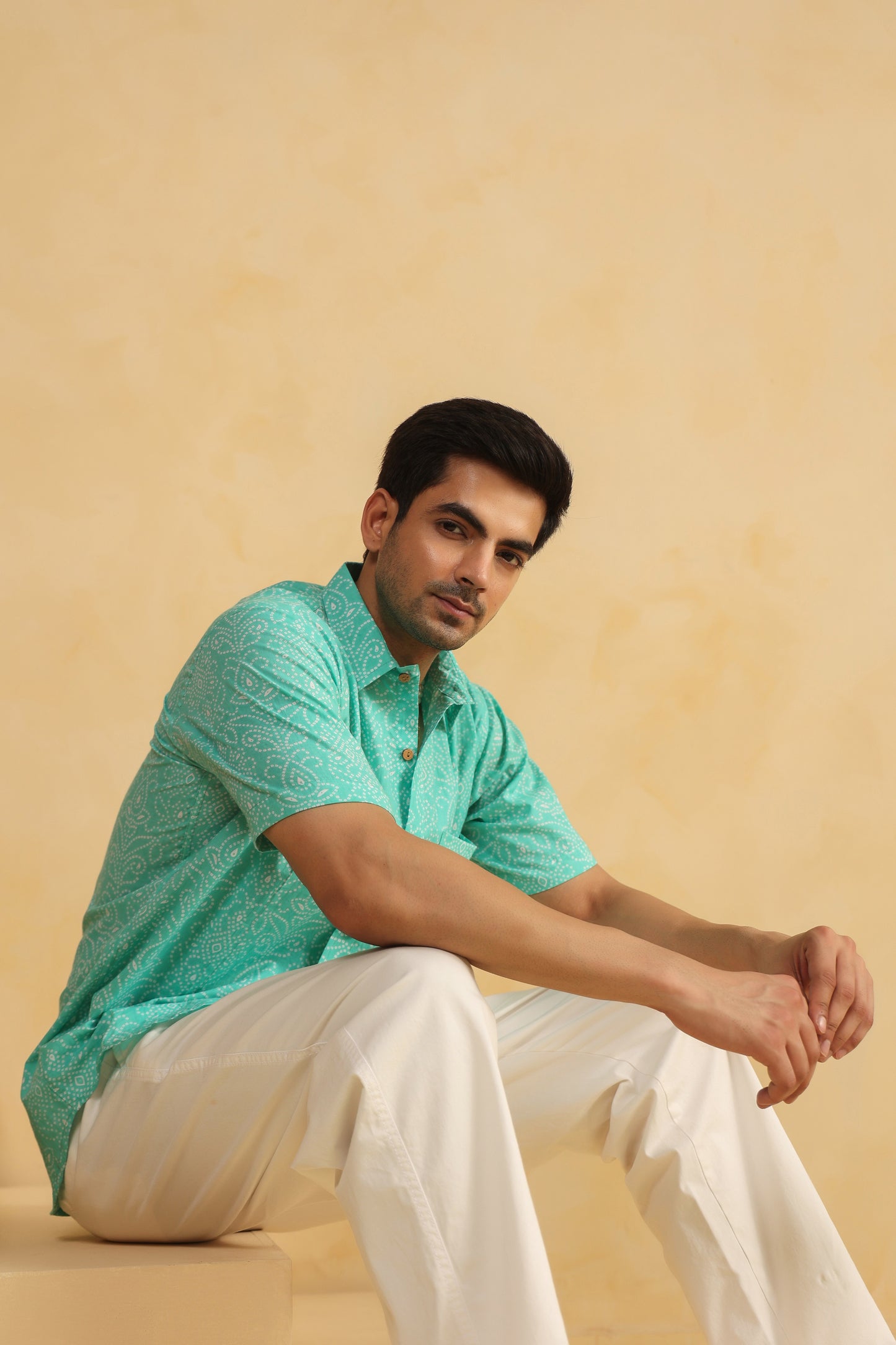 Blue Bandhej Cotton Half Sleeve Shirt