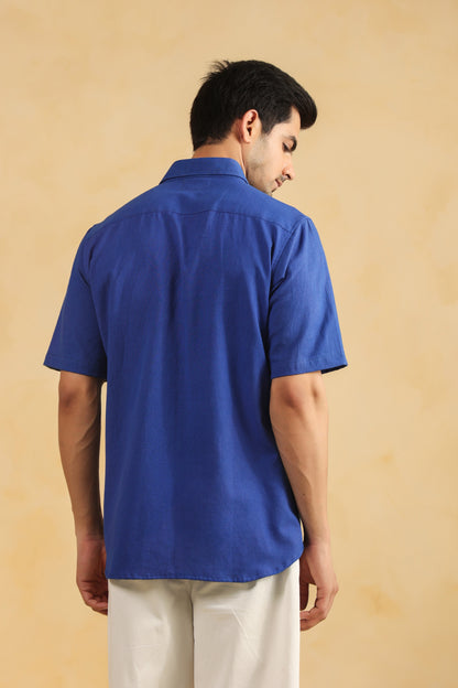 Royal blue linen blend half sleeve shirt