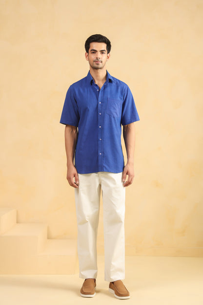 Royal blue linen blend half sleeve shirt