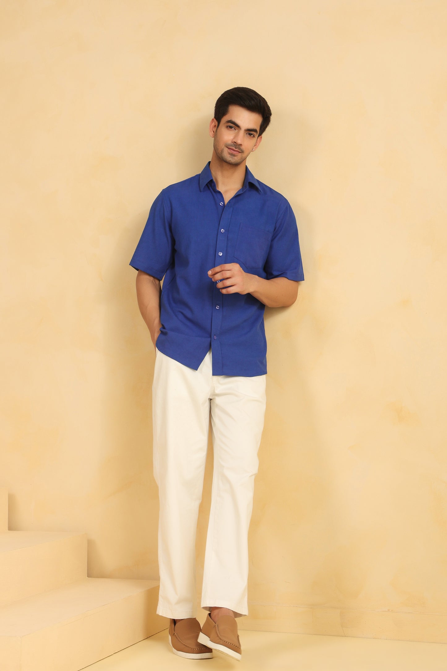 Royal blue linen blend half sleeve shirt