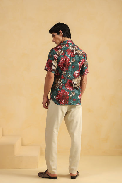 Turquoise Red Printed Half Sleeve Cotton Shirt