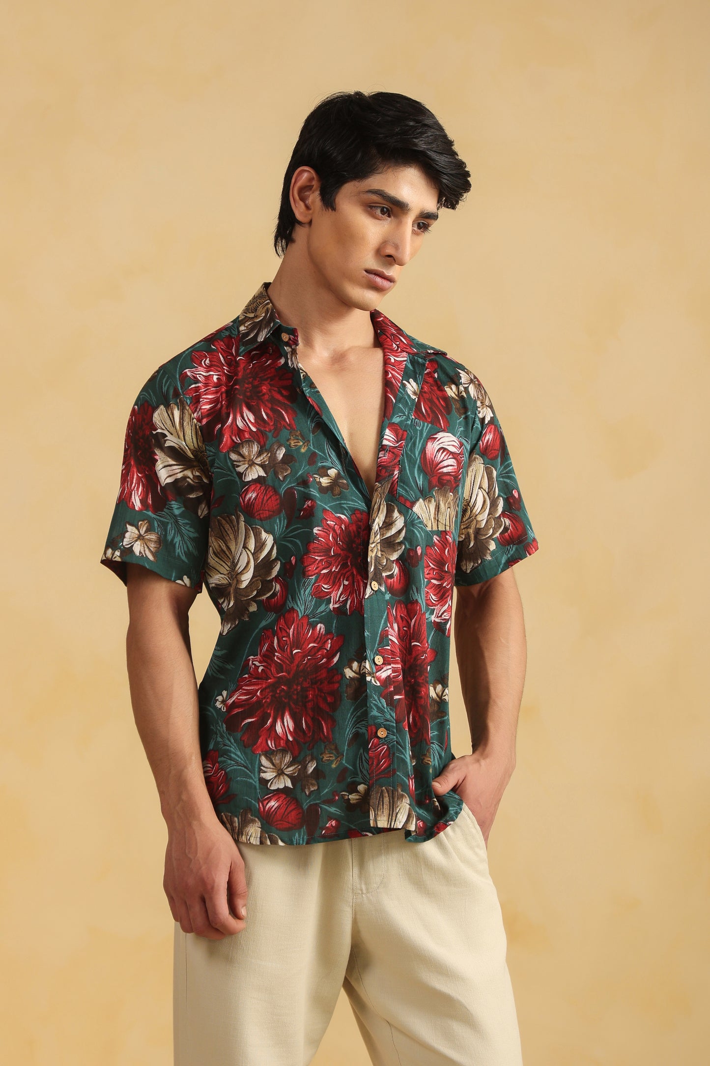 Turquoise Red Printed Half Sleeve Cotton Shirt