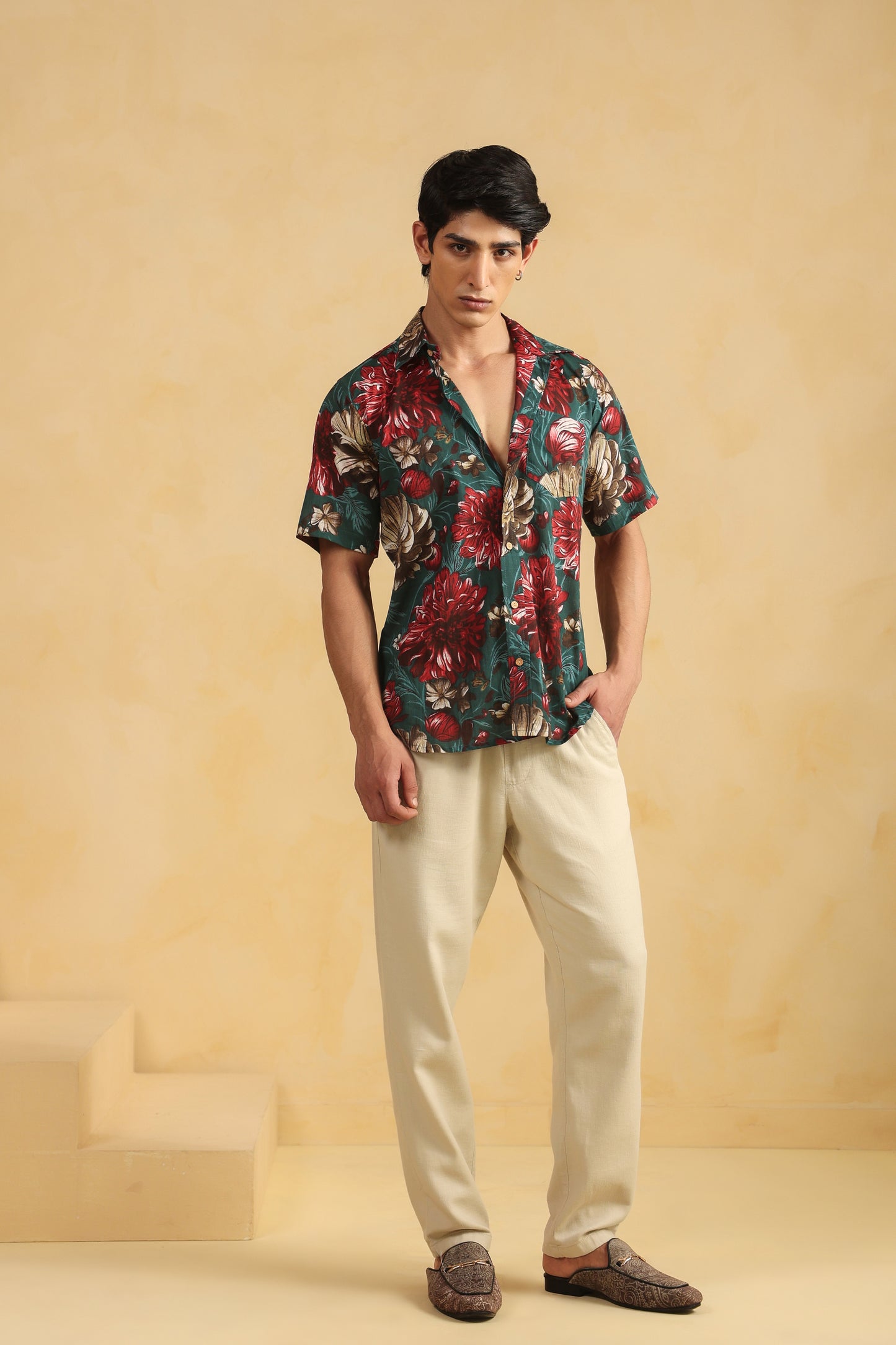 Turquoise Red Printed Half Sleeve Cotton Shirt