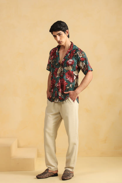 Turquoise Red Printed Half Sleeve Cotton Shirt