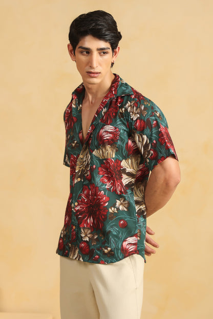 Turquoise Red Printed Half Sleeve Cotton Shirt