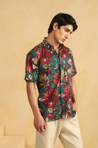 Turquoise Red Printed Half Sleeve Cotton Shirt