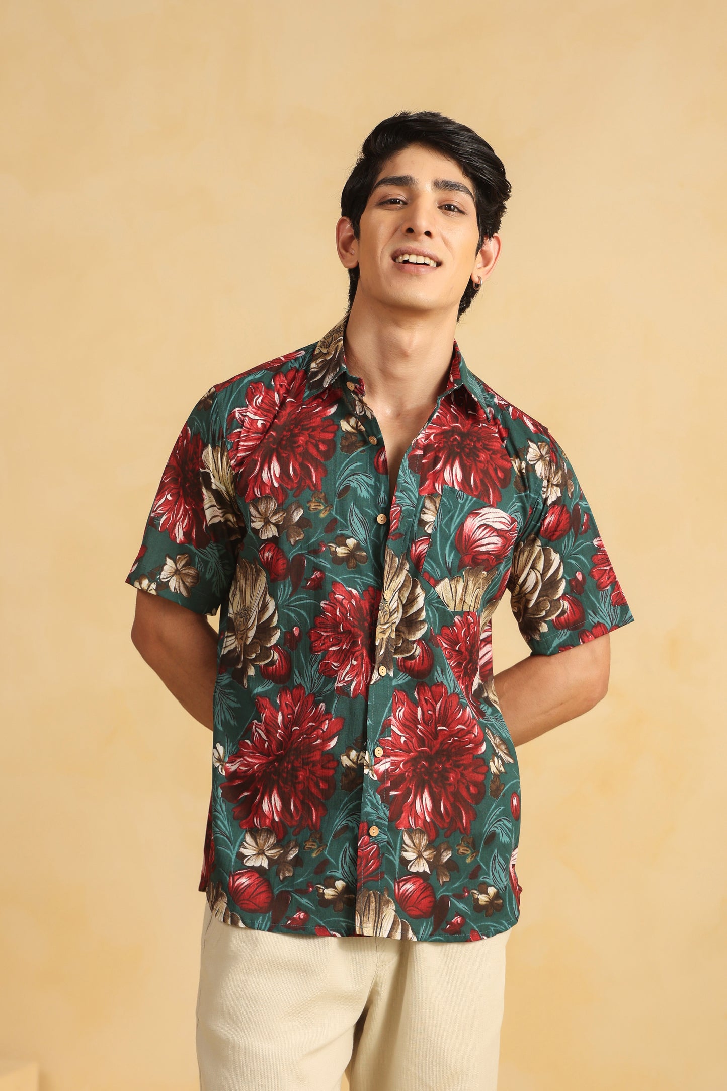 Turquoise Red Printed Half Sleeve Cotton Shirt