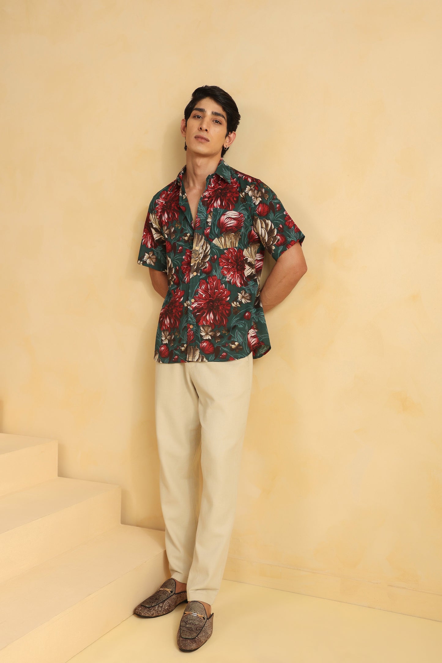 Turquoise Red Printed Half Sleeve Cotton Shirt