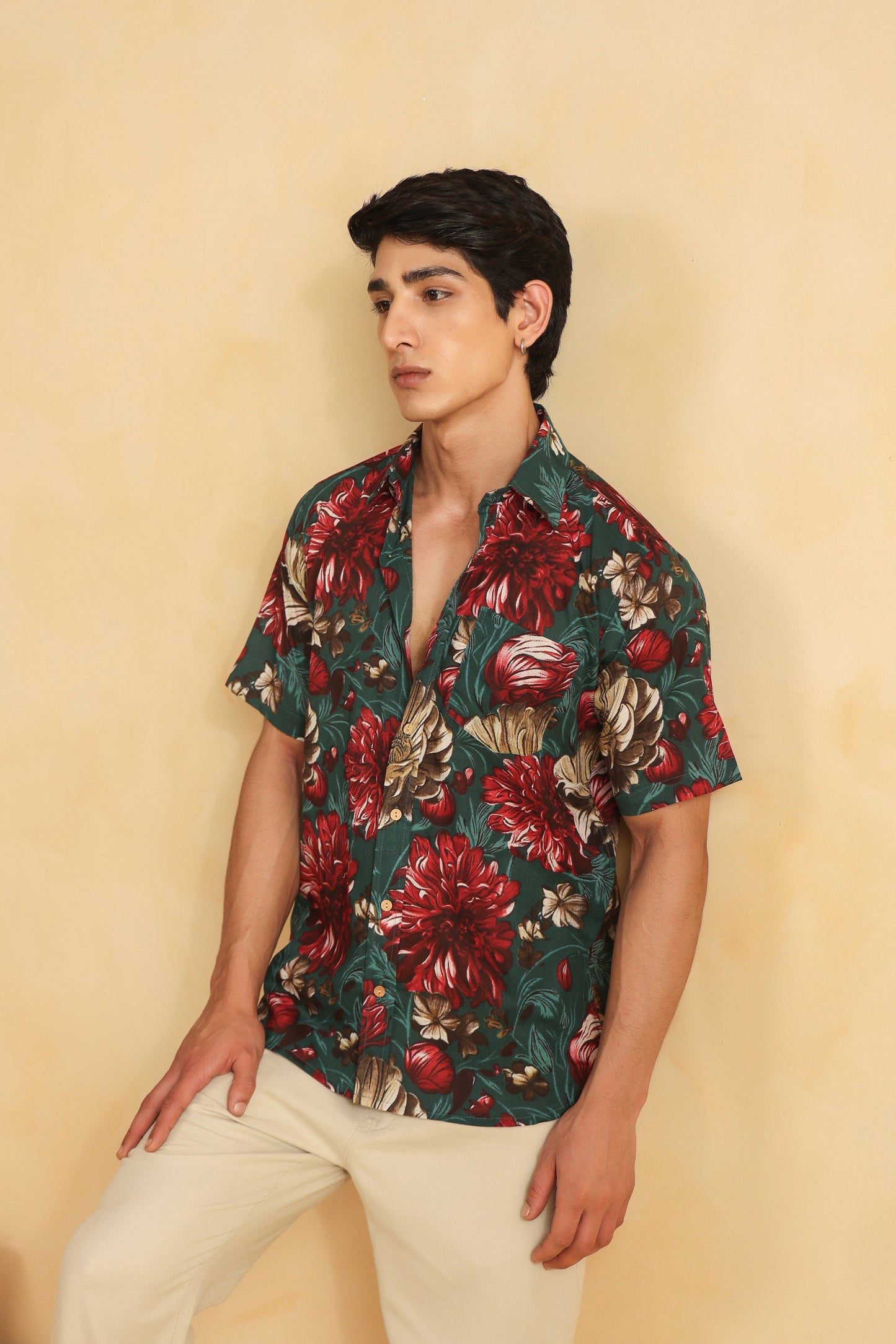 Turquoise Red Printed Half Sleeve Cotton Shirt