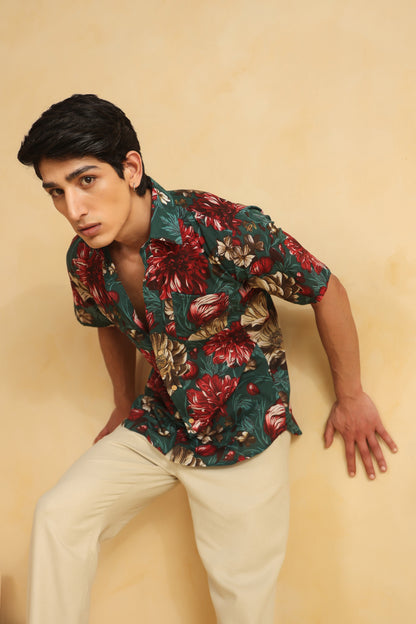 Turquoise Red Printed Half Sleeve Cotton Shirt