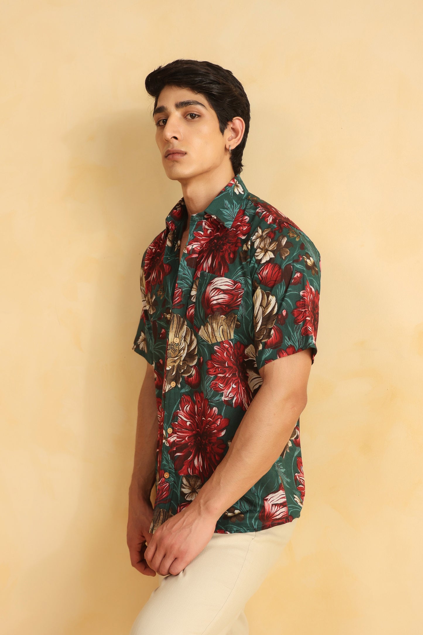 Turquoise Red Printed Half Sleeve Cotton Shirt