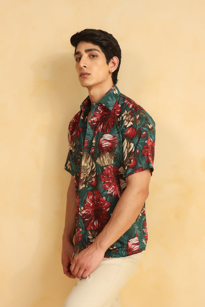 Turquoise Red Printed Half Sleeve Cotton Shirt