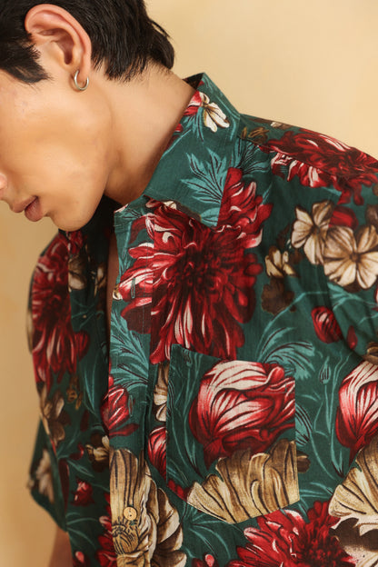 Turquoise Red Printed Half Sleeve Cotton Shirt